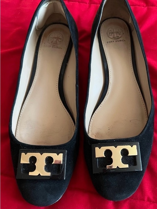 Tory Burch Shoes - Tory Burch Black Suede Flats with Gold Logo Plaque